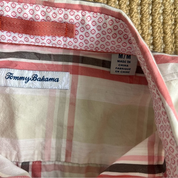 Tommy Bahama Shirt Hideaway Fronds Afterglow Silk Plaid SZ Medium Peach white - Picture 8 of 12